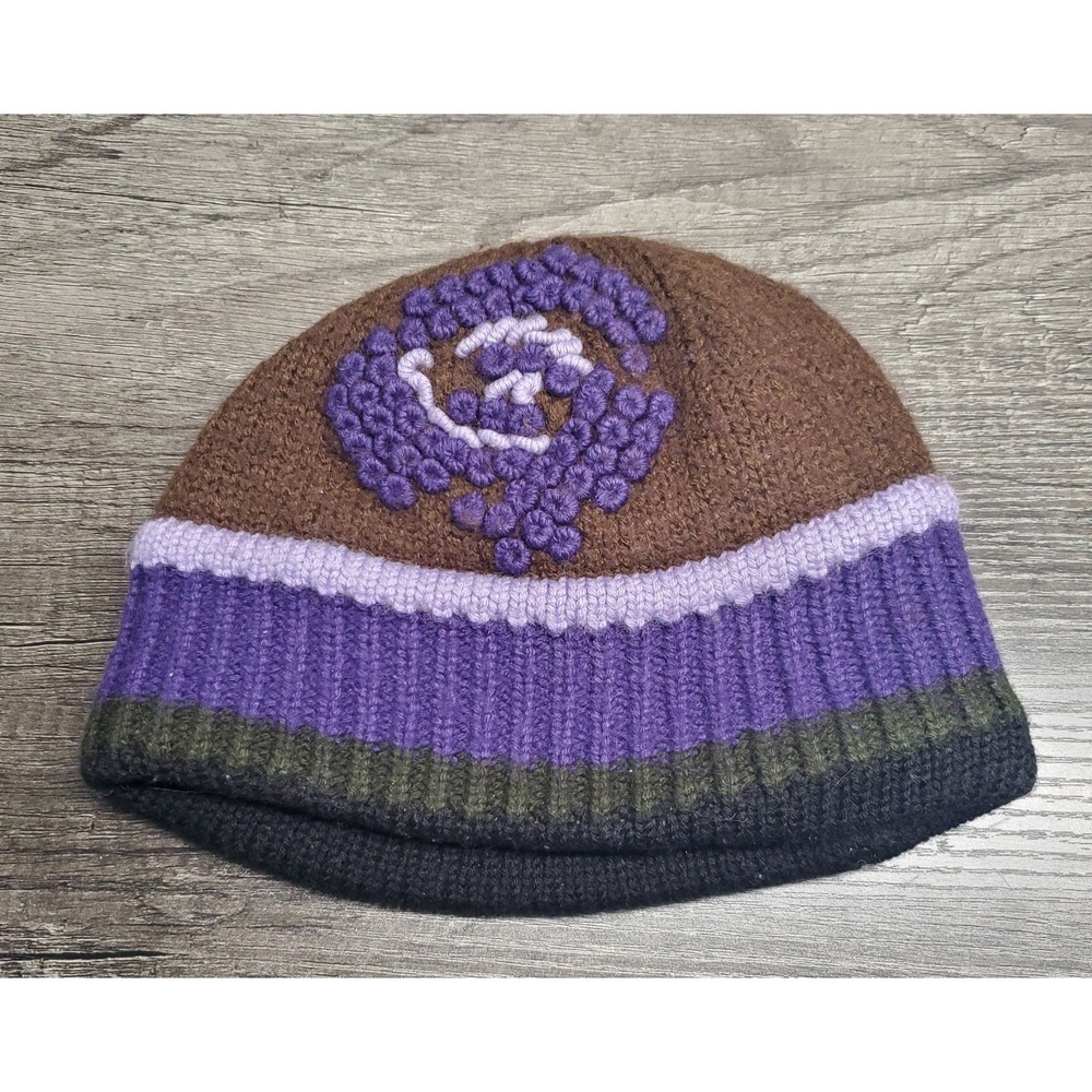 Smartwool Womens Beanie Hat Purple & Brown Embroidered Wool Blend Winter Cap